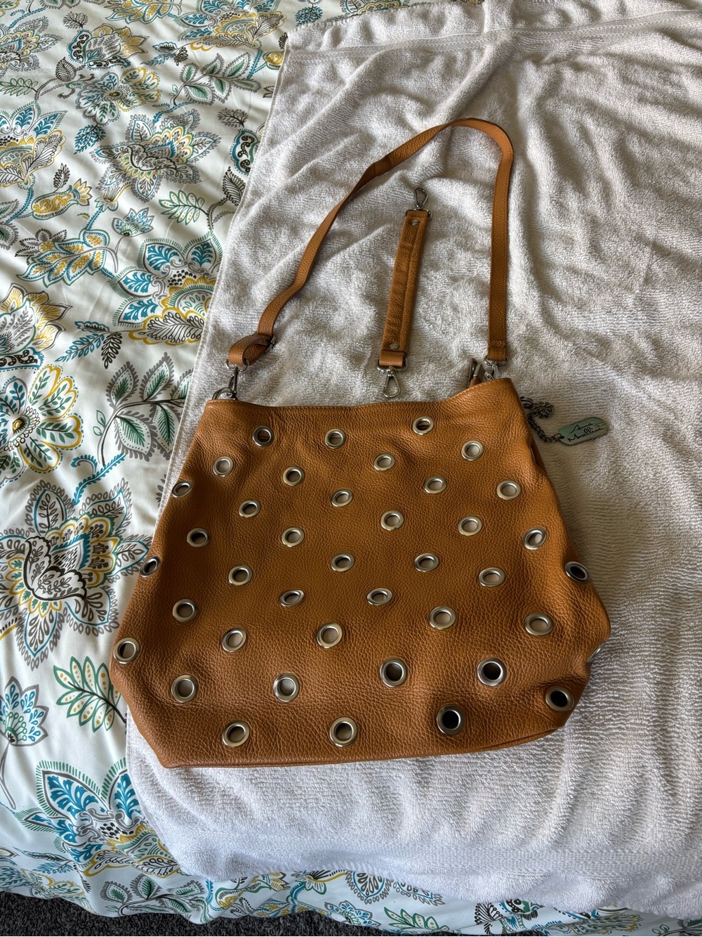 Anna Morellini Slouchy Camel Adjustable Crossbody with Silver Grommets Italy